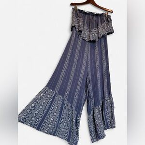 Boho-Style Navy Printed Wide-Leg Jumpsuit